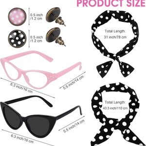 NWOT Pack 50s Set Chiffon Scarf Cat Eye Glasses Bandana Tie Headband Earrings